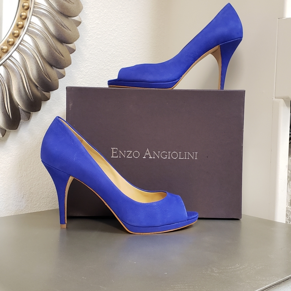 Enzo Angiolini Gelabelle blue leather round peep toe platform heels
